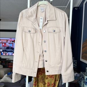 This is a beige silky Jeans style Chico jacket in a silky beige color
